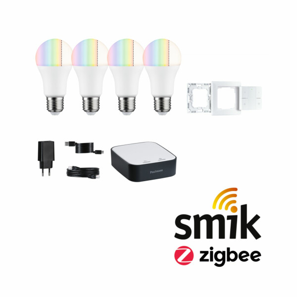 Paulmann Preisattraktives Starterset Zigbee 3.0 Smart Home smik Gateway + Standard 230V LED Birne E27 RGBW + Wandtaster