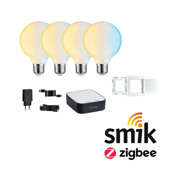 Paulmann Preisattraktives Starterset Zigbee 3.0 Smart Home smik Gateway + Filament G95 230V LED Birne E27 + Wandtaster