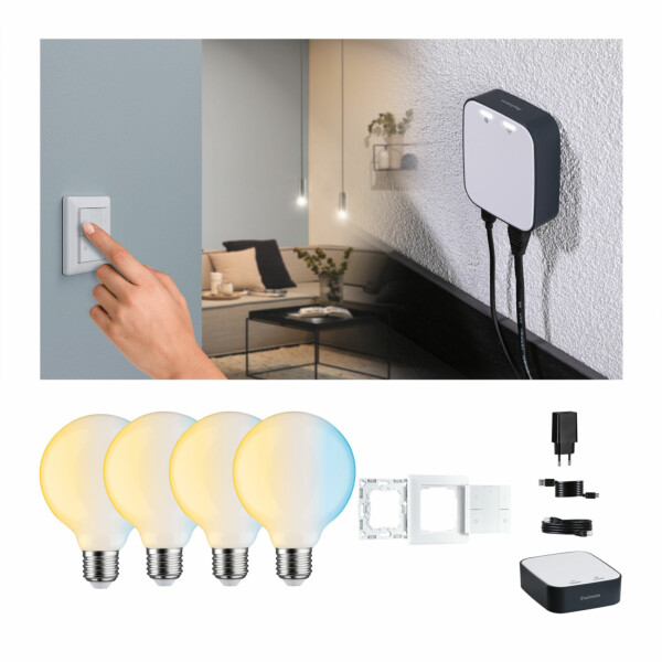 Paulmann Preisattraktives Starterset Zigbee 3.0 Smart Home smik Gateway + Filament G95 230V LED Birne E27 + Wandtaster