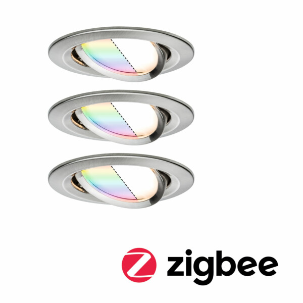 Paulmann LED Einbauleuchte Smart Home Zigbee 3.0 Nova Plus Coin Basisset schwenkbar  rund 84mm 50° Coin 3x5.2W 3x400lm 230V dimmbar RGBW Eisen gebürstet