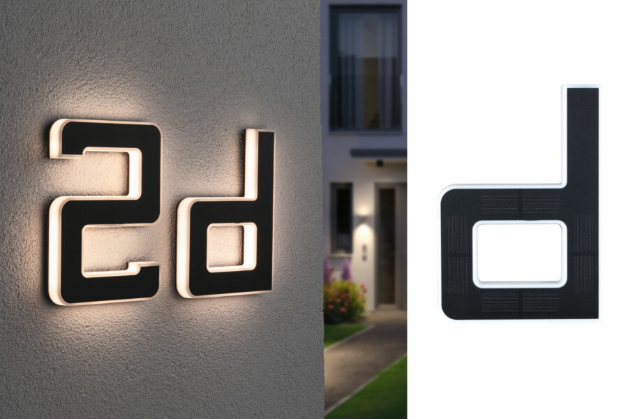 Paulmann Solar LED Hausnummernleuchte inkl. wechselbarer Akku Buchstabe D inkl. wechselbarer Akku IP44 3000K 6lm Schwarz