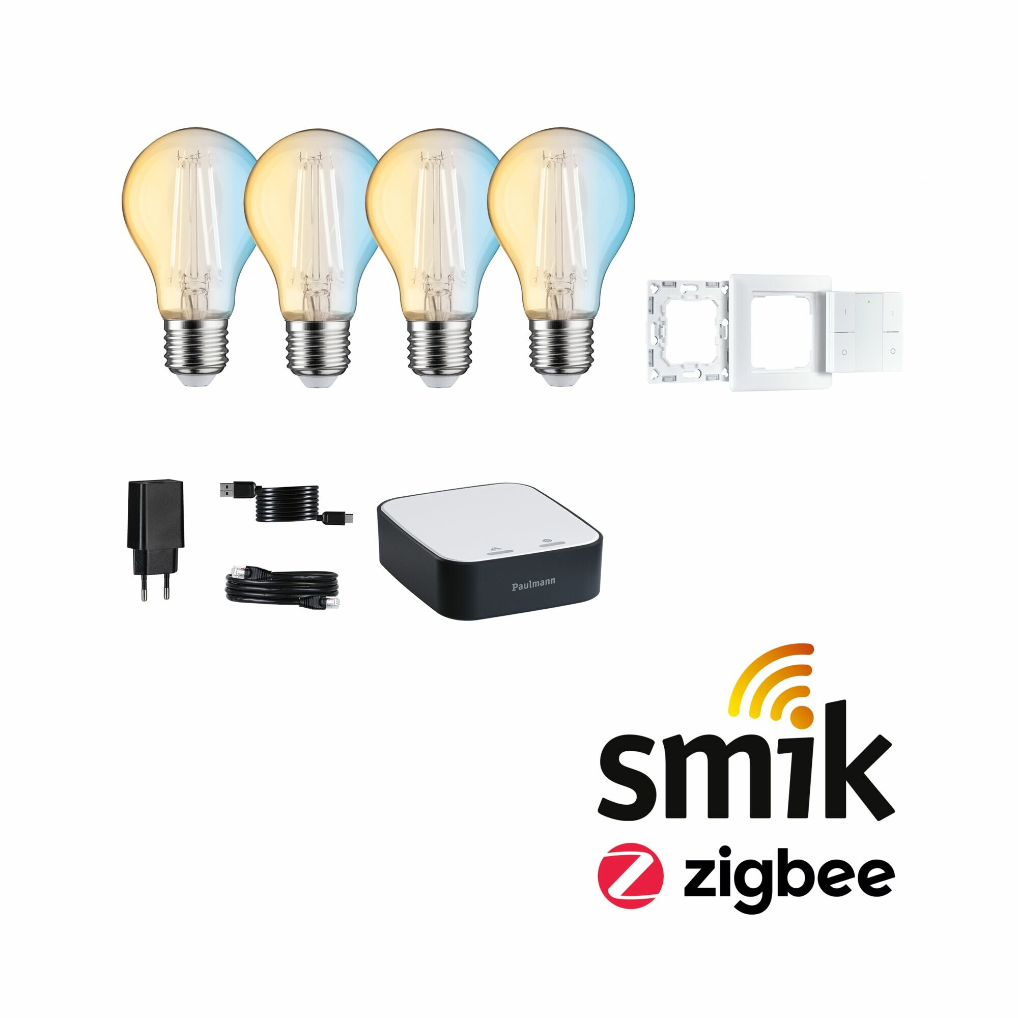 Paulmann Preisattraktives Starterset Zigbee 3.0 Smart Home smik Gateway + Filament 230V LED Birne E27 + Wandtaster