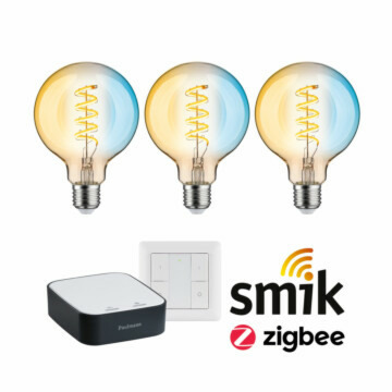 Paulmann Preisattraktives Starterset Zigbee 3.0 Smart Home smik Gateway + LED Birne Filament G95 Tunable White + Schalter
